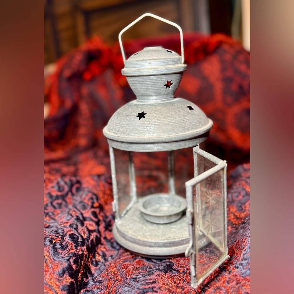 Vintage Silver Hexagonal Lantern with Glass Panels